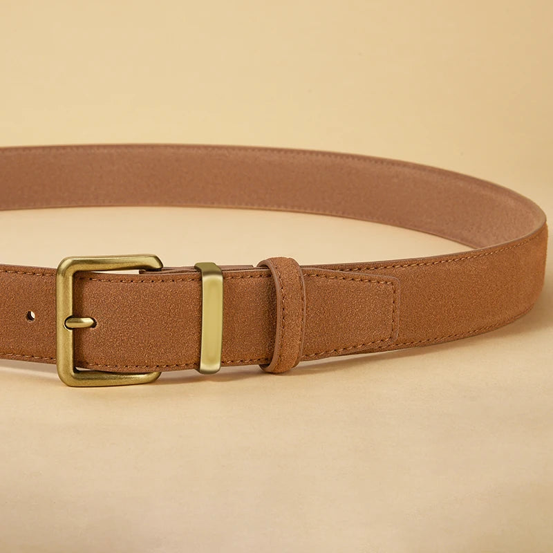 Luxury Suede Cowhide Leather Belt for Women, Vintage Style with Gold Buckle, 3.5cm Wide Waistband for Dresses & Jeans