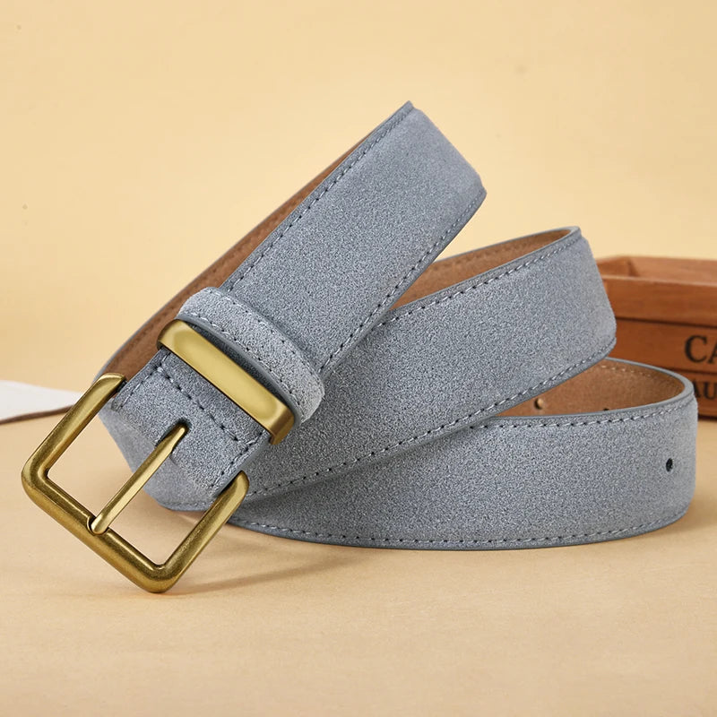 Luxury Suede Cowhide Leather Belt for Women, Vintage Style with Gold Buckle, 3.5cm Wide Waistband for Dresses & Jeans