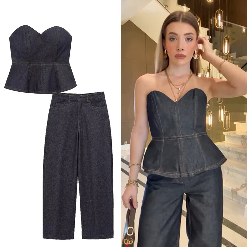 HXAO Sexy Denim Pants Set 2025 Women's Spring 2 Pieces Corset Tops Wide Leg Pants Fashion Casual Elegant Trouser Set Outfit