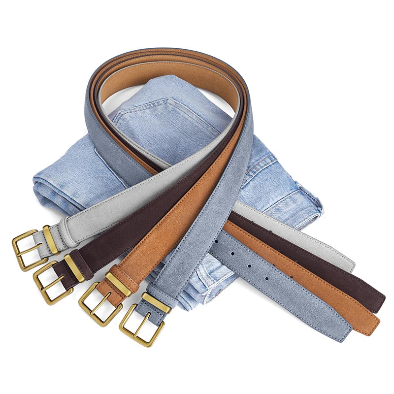Luxury Suede Cowhide Leather Belt for Women, Vintage Style with Gold Buckle, 3.5cm Wide Waistband for Dresses & Jeans