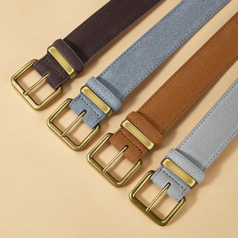 Luxury Suede Cowhide Leather Belt for Women, Vintage Style with Gold Buckle, 3.5cm Wide Waistband for Dresses & Jeans