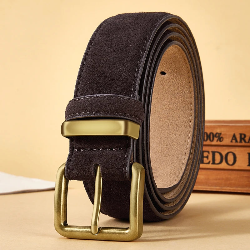 Luxury Suede Cowhide Leather Belt for Women, Vintage Style with Gold Buckle, 3.5cm Wide Waistband for Dresses & Jeans