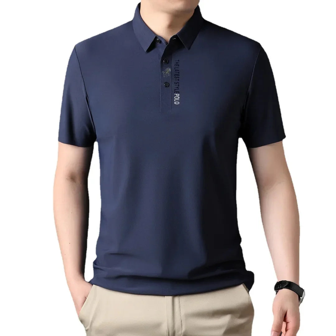 Ice Silk Embroidery Polo Shirt New Summer Lapel Elasticity T-shirt Korean Fashion Short Sleeve Business Casual Men Clothing