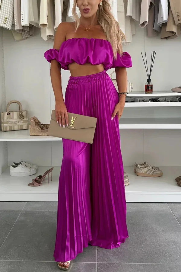 2025 Summer Women Sexy 2 Piece Set Off-shoulder Sleeveless Boob Tube Top+Wide Leg Pants Set Fashion Party Casual Trousers Outfit