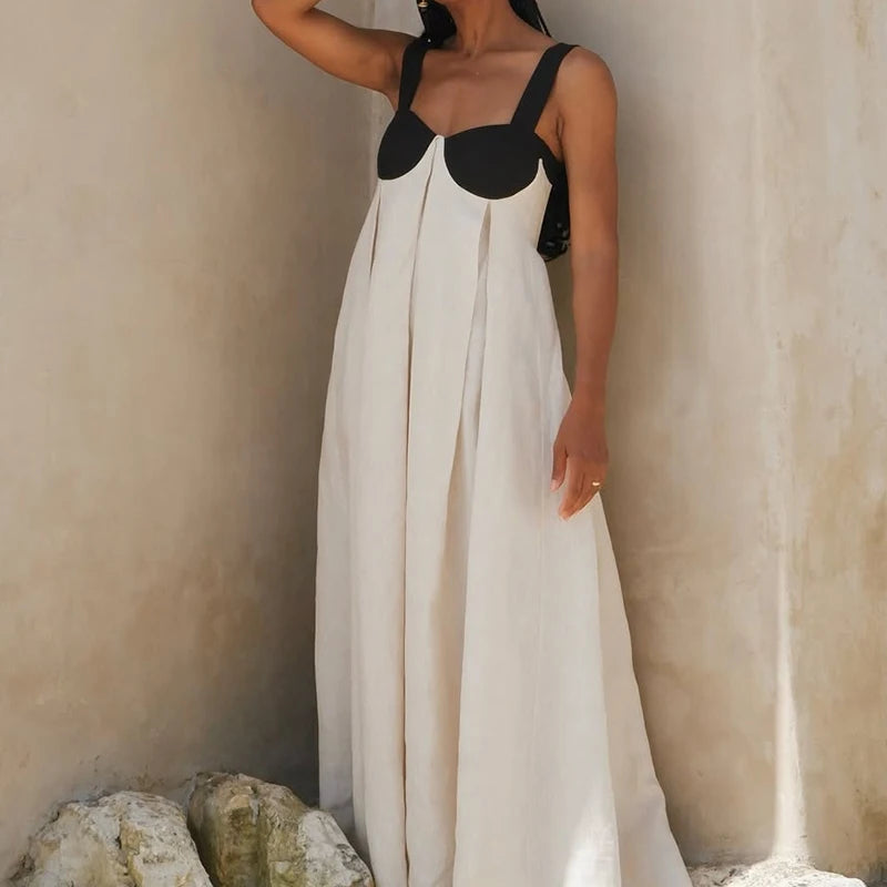 Color Blocking Camisole Loose Holiday Dress Summer Hollow Sleeveless High Waist Women's Dress Casual Off Shoulder Beach Dresses