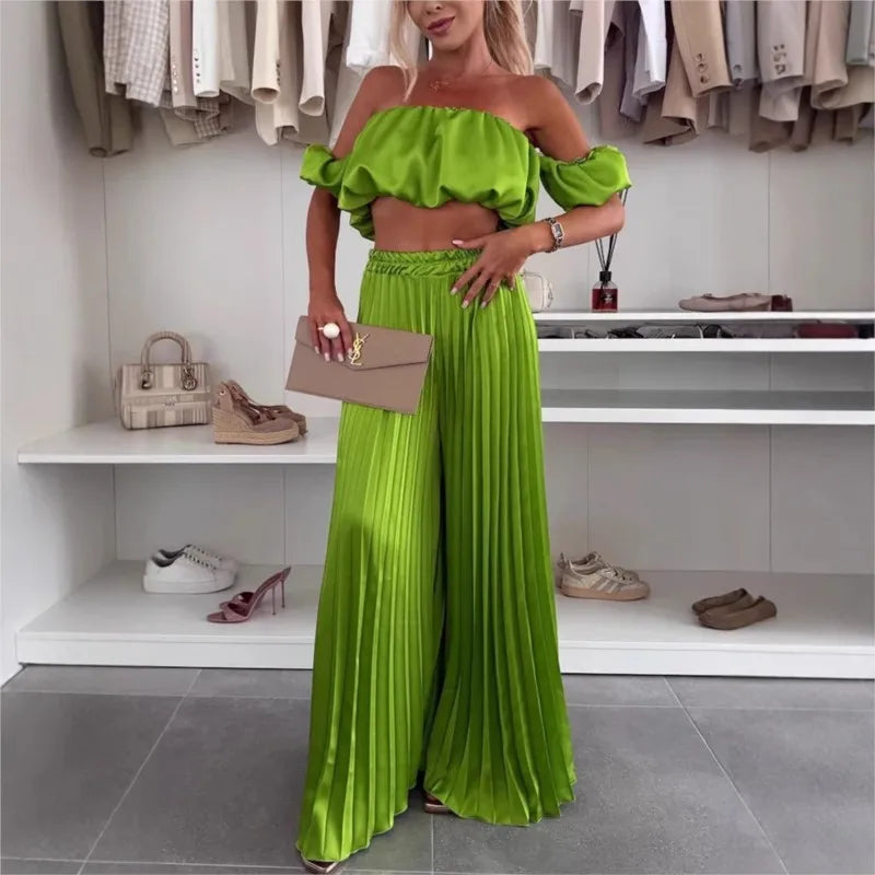 2025 Summer Women Sexy 2 Piece Set Off-shoulder Sleeveless Boob Tube Top+Wide Leg Pants Set Fashion Party Casual Trousers Outfit