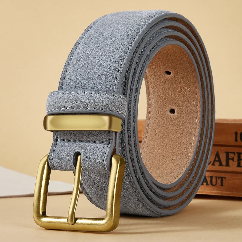 Luxury Suede Cowhide Leather Belt for Women, Vintage Style with Gold Buckle, 3.5cm Wide Waistband for Dresses & Jeans