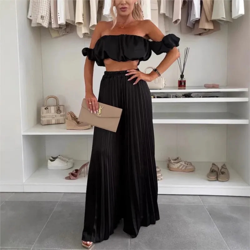 2025 Summer Women Sexy 2 Piece Set Off-shoulder Sleeveless Boob Tube Top+Wide Leg Pants Set Fashion Party Casual Trousers Outfit
