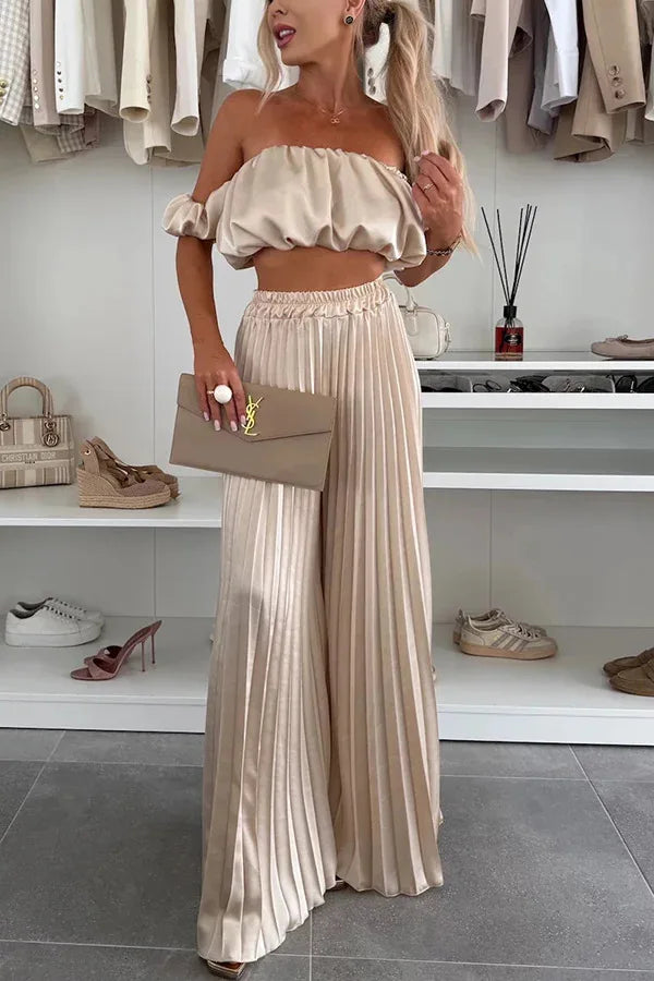 2025 Summer Women Sexy 2 Piece Set Off-shoulder Sleeveless Boob Tube Top+Wide Leg Pants Set Fashion Party Casual Trousers Outfit
