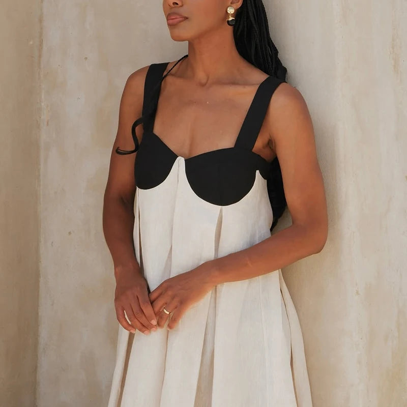 Color Blocking Camisole Loose Holiday Dress Summer Hollow Sleeveless High Waist Women's Dress Casual Off Shoulder Beach Dresses