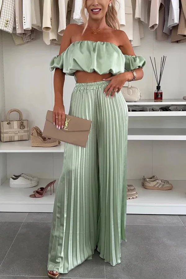 2025 Summer Women Sexy 2 Piece Set Off-shoulder Sleeveless Boob Tube Top+Wide Leg Pants Set Fashion Party Casual Trousers Outfit