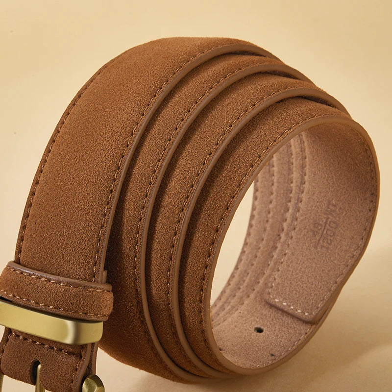 Luxury Suede Cowhide Leather Belt for Women, Vintage Style with Gold Buckle, 3.5cm Wide Waistband for Dresses & Jeans