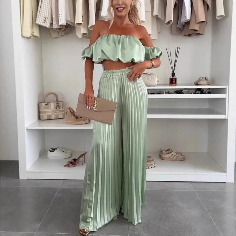 2025 Summer Women Sexy 2 Piece Set Off-shoulder Sleeveless Boob Tube Top+Wide Leg Pants Set Fashion Party Casual Trousers Outfit