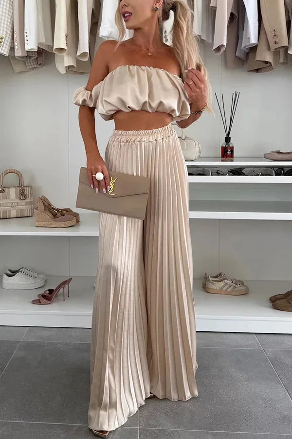 2025 Summer Women Sexy 2 Piece Set Off-shoulder Sleeveless Boob Tube Top+Wide Leg Pants Set Fashion Party Casual Trousers Outfit
