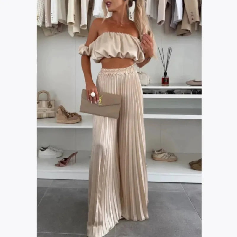 2025 Summer Women Sexy 2 Piece Set Off-shoulder Sleeveless Boob Tube Top+Wide Leg Pants Set Fashion Party Casual Trousers Outfit
