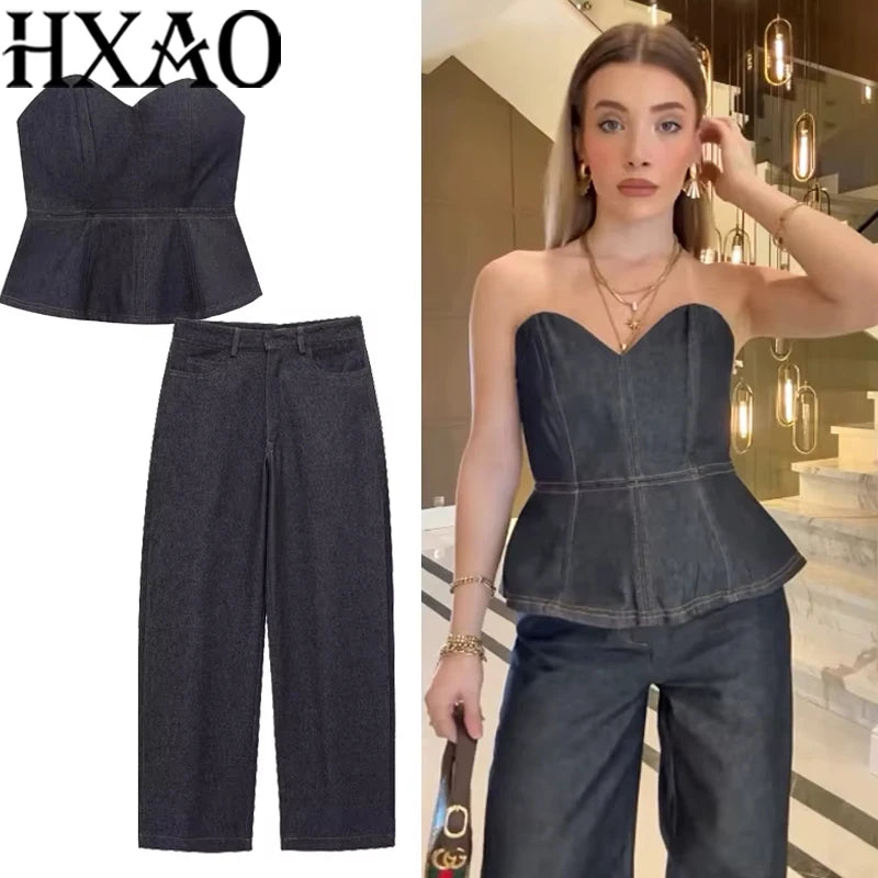 HXAO Sexy Denim Pants Set 2025 Women's Spring 2 Pieces Corset Tops Wide Leg Pants Fashion Casual Elegant Trouser Set Outfit