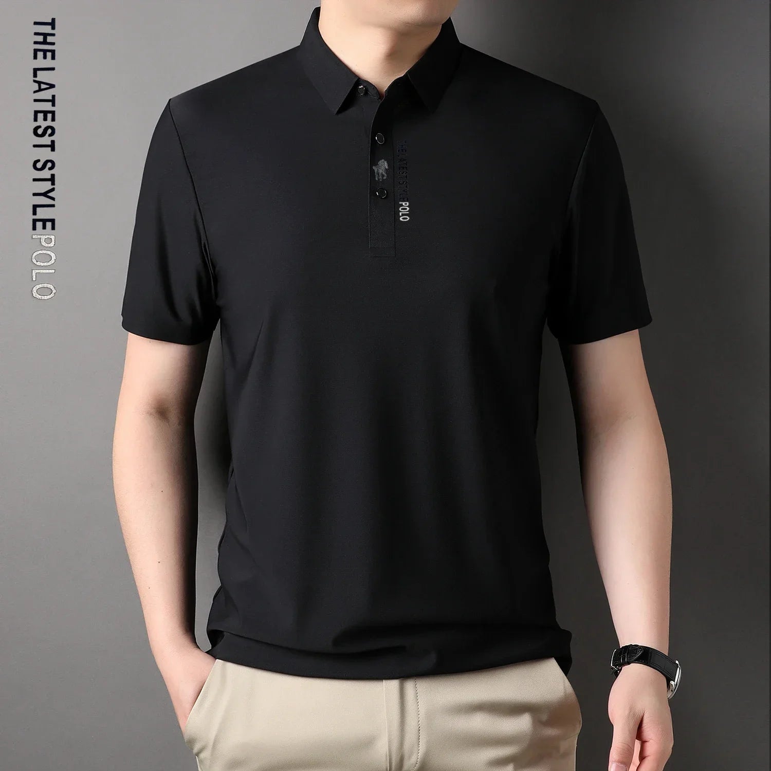 Ice Silk Embroidery Polo Shirt New Summer Lapel Elasticity T-shirt Korean Fashion Short Sleeve Business Casual Men Clothing