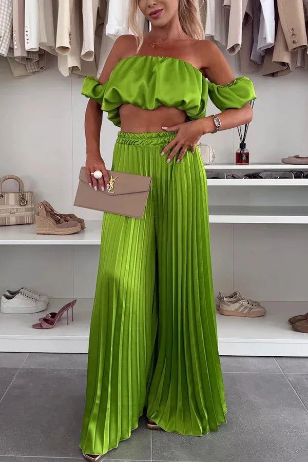2025 Summer Women Sexy 2 Piece Set Off-shoulder Sleeveless Boob Tube Top+Wide Leg Pants Set Fashion Party Casual Trousers Outfit