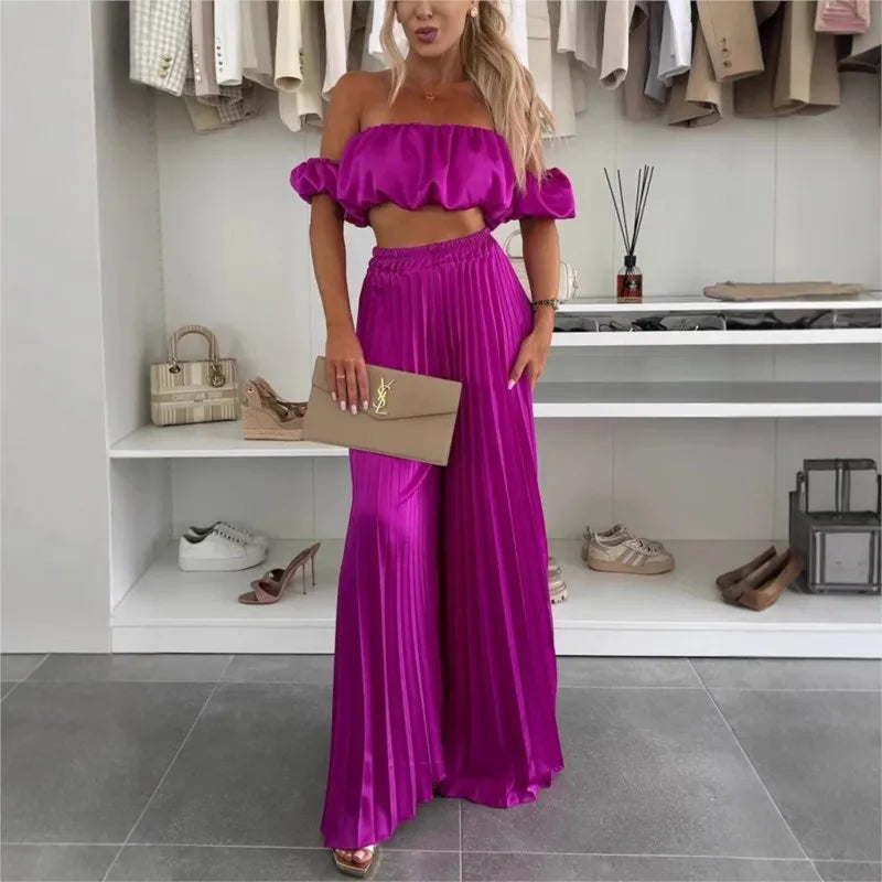 2025 Summer Women Sexy 2 Piece Set Off-shoulder Sleeveless Boob Tube Top+Wide Leg Pants Set Fashion Party Casual Trousers Outfit