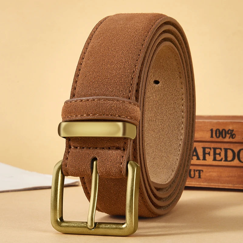 Luxury Suede Cowhide Leather Belt for Women, Vintage Style with Gold Buckle, 3.5cm Wide Waistband for Dresses & Jeans