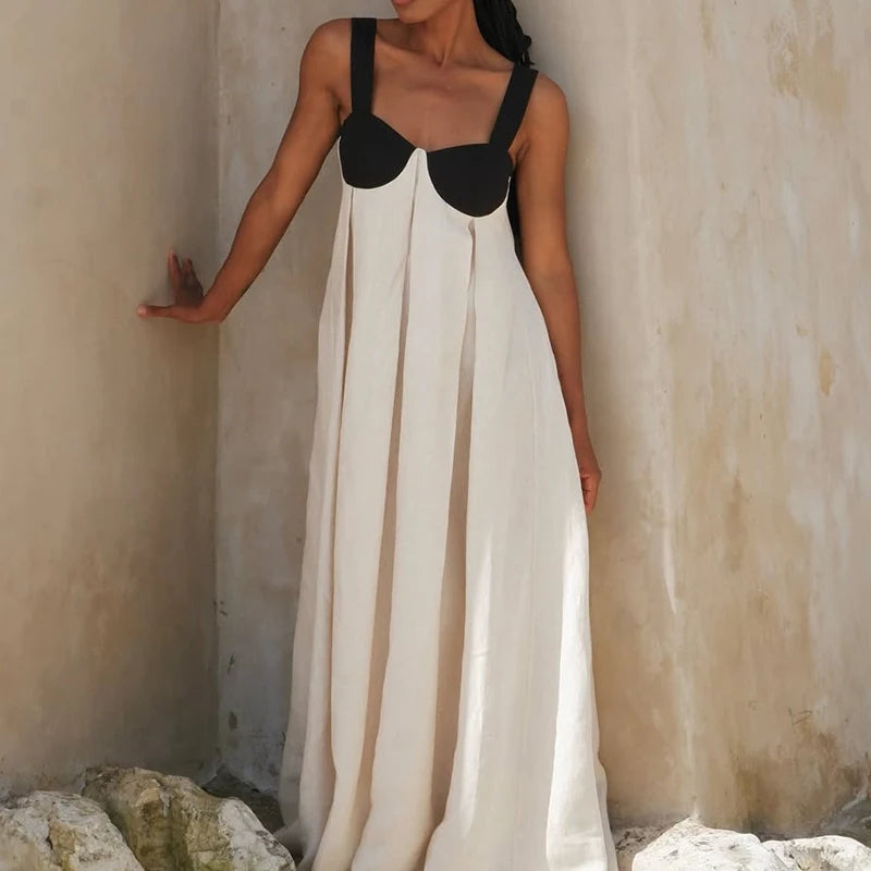 Color Blocking Camisole Loose Holiday Dress Summer Hollow Sleeveless High Waist Women's Dress Casual Off Shoulder Beach Dresses