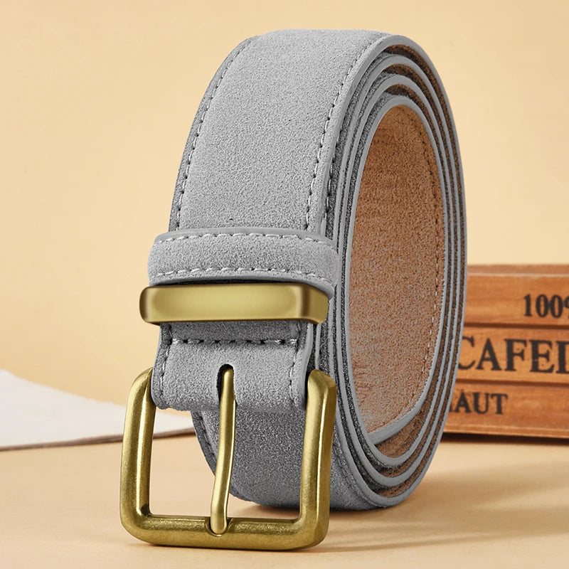 Luxury Suede Cowhide Leather Belt for Women, Vintage Style with Gold Buckle, 3.5cm Wide Waistband for Dresses & Jeans