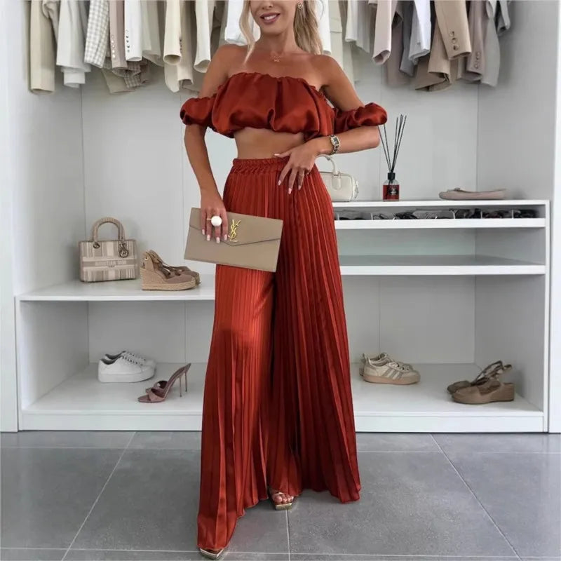 2025 Summer Women Sexy 2 Piece Set Off-shoulder Sleeveless Boob Tube Top+Wide Leg Pants Set Fashion Party Casual Trousers Outfit